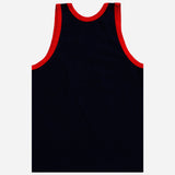 Back view of a sleeveless navy blue kids vest with red trim on neck and armholes