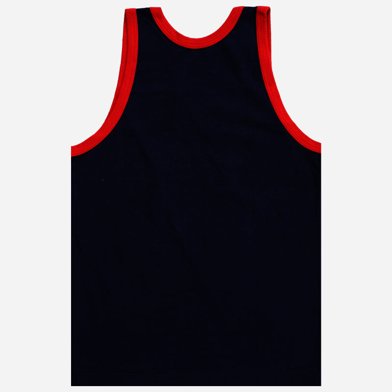 Back view of a sleeveless navy blue kids vest with red trim on neck and armholes