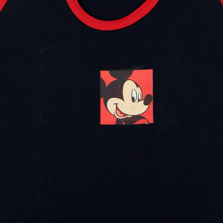 Navy blue kids innerwear with red trim and cartoon mouse graphic on chest