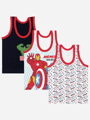 Set of three boys' sleeveless vests with superhero prints and red trim, kids innerwear