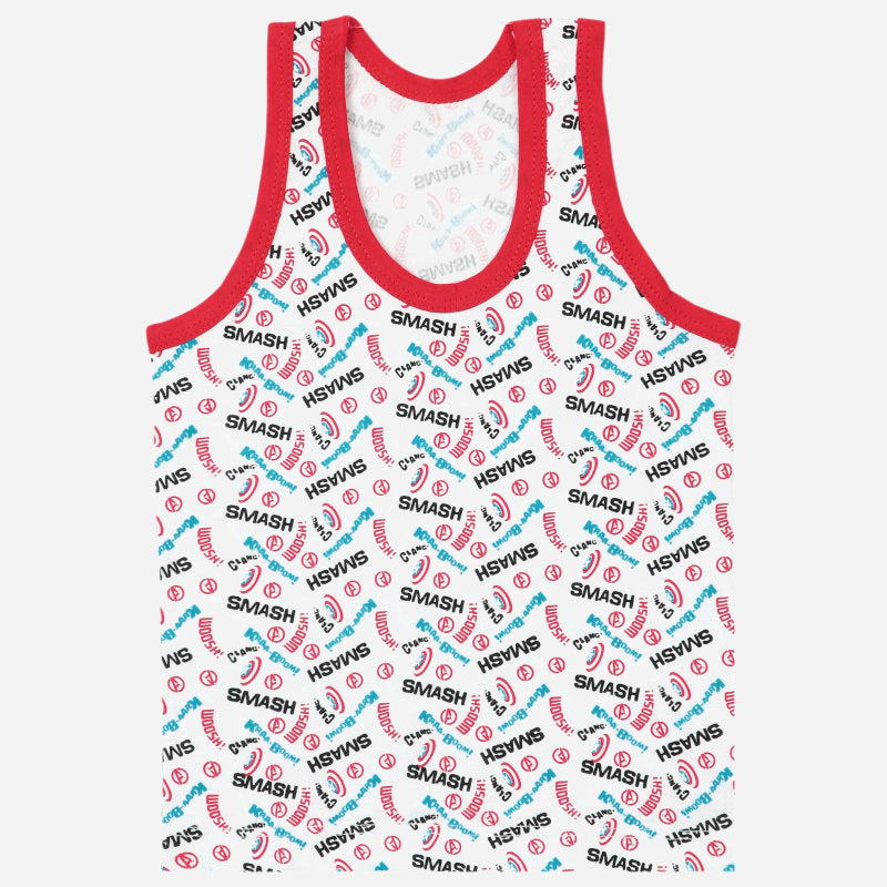 Kids sleeveless vest with red trim, multicolor smash-themed print, comfortable innerwear.