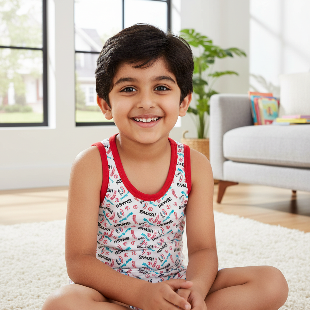 Smiling boy in colorful sleeveless innerwear vest for kids sitting indoors on carpet