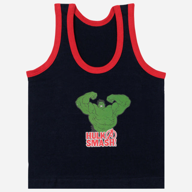 Kids navy blue sleeveless vest with Hulk graphic and red trim, innerwear apparel