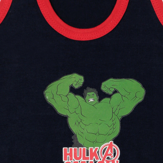 Navy blue kids tank top with red trim and Hulk graphic print on the front