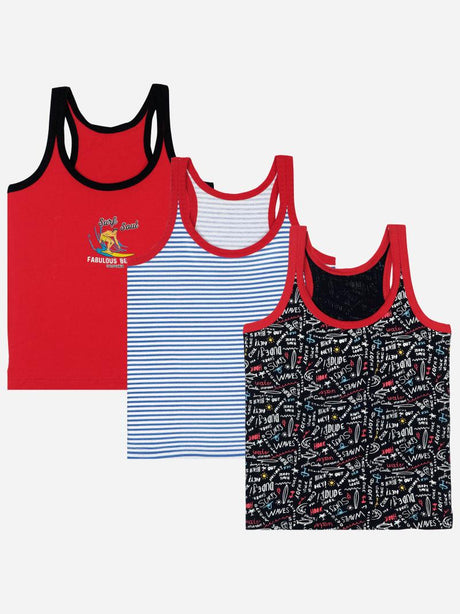 Boys innerwear sleeveless vests multipack in red, blue stripe, and black printed designs.