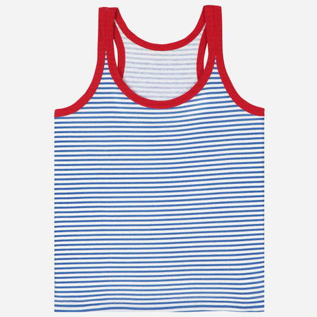 Kids sleeveless vest with blue and white stripes, red trim, comfortable innerwear