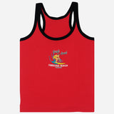 Red kids sleeveless vest with black trim, surfer graphic, and 'Surf Soul Fabulous Beach' text