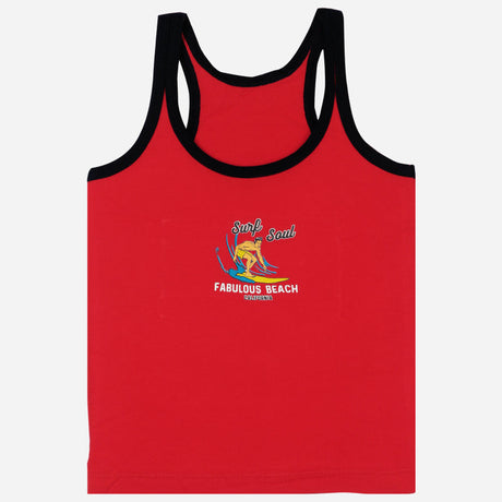 Red kids sleeveless vest with black trim, surfer graphic, and 'Surf Soul Fabulous Beach' text