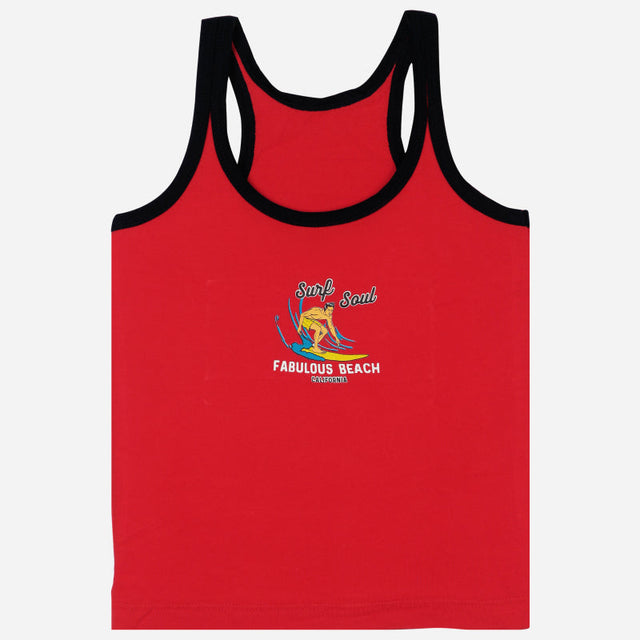 Red kids sleeveless vest with black trim, surfer graphic, and 'Surf Soul Fabulous Beach' text