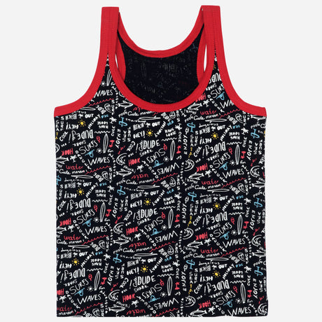 Kids black printed sleeveless vest with red trim, surf wave text and graphic pattern.
