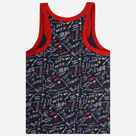 Kids navy blue sleeveless vest with red trim and playful beach-themed print.
