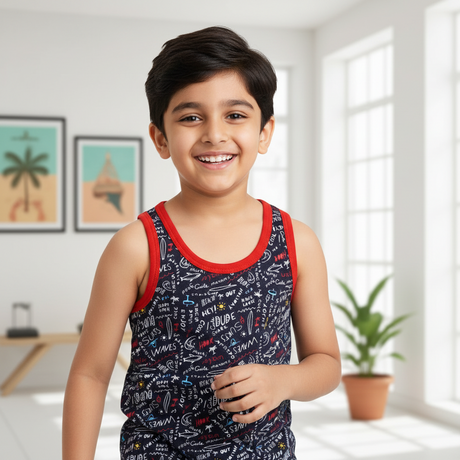 Smiling boy in a colorful printed kids innerwear vest with red trim in a bright room
