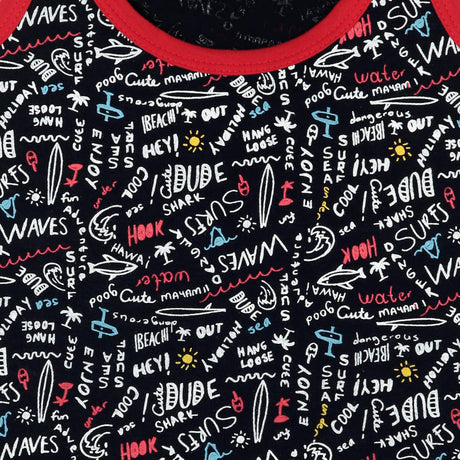 Kids innerwear with colorful beach and surf themed doodle print on black fabric