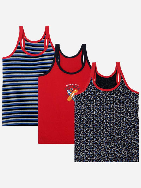 Kids sleeveless vests multipack in stripes, solid red, and graphic prints