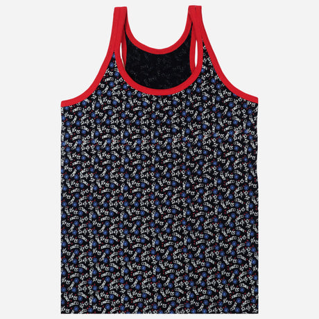 Kids printed black sleeveless vest with red trim and colorful skate-themed design