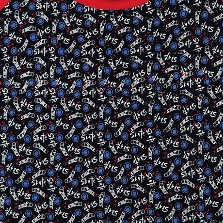 Kids t-shirt fabric with skateboards, wheels, and 'skate' text on black background