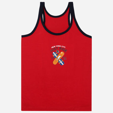 Red kids sleeveless vest with navy trim and skateboard print, innerwear apparel
