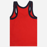 Red kids tank top innerwear with navy blue trim, soft cotton, back view on white background