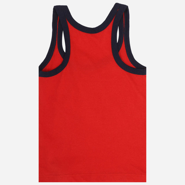 Red kids tank top innerwear with navy blue trim, soft cotton, back view on white background