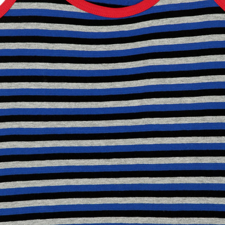 Blue, black, and grey striped kids innerwear fabric with red neckline detail