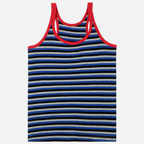 Kids striped sleeveless vest with red neckline, blue and black horizontal stripes