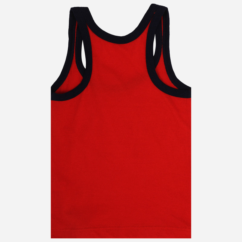 Kids red sleeveless innerwear vest with black trim, comfortable cotton apparel