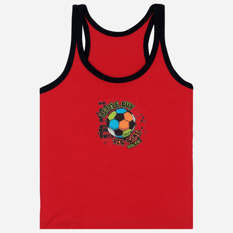 Kids red sleeveless vest with soccer ball print and 'Little Guy Big Game' text, innerwear