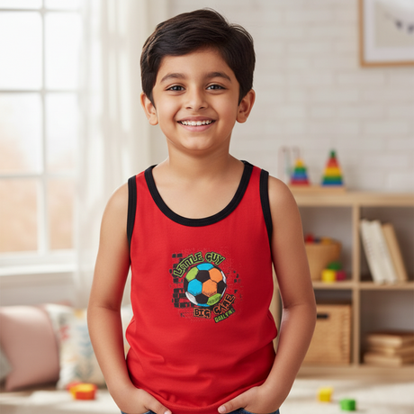 Smiling boy in red sleeveless kids innerwear vest with soccer print, standing indoors