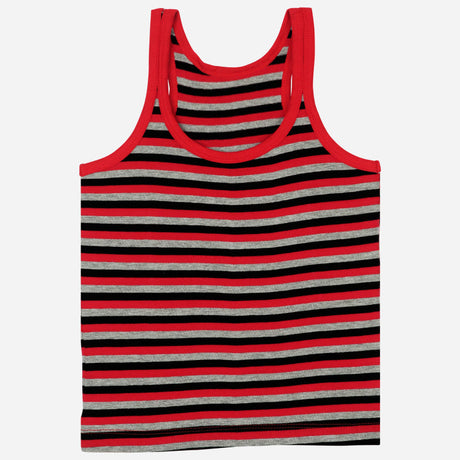Kids striped tank top with red, black, and grey horizontal stripes, sleeveless innerwear.