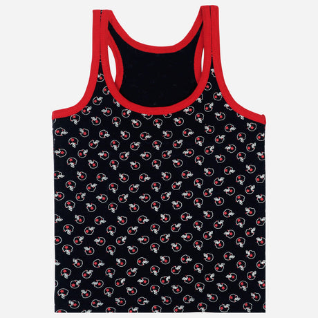 Kids black printed sleeveless vest with red trim and cartoon pattern