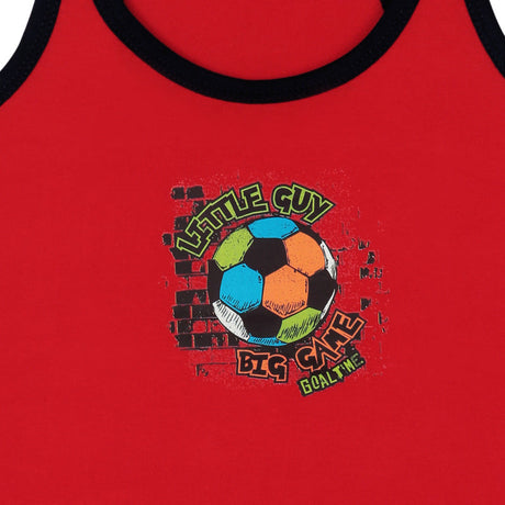 Red kids' tank top with colorful soccer ball and 'Little Guy Big Game' graphic on front