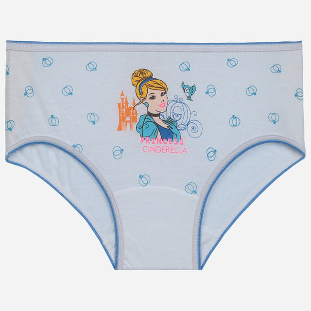 Light blue girls' underwear featuring Cinderella graphic, castle, and pumpkin patterns, soft cotton.