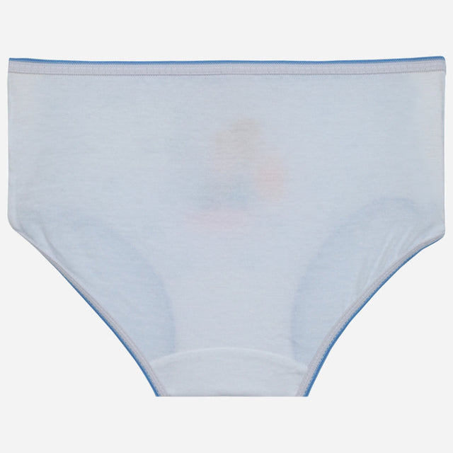 Light blue kids cotton underwear with blue trim, soft fabric, isolated on white background