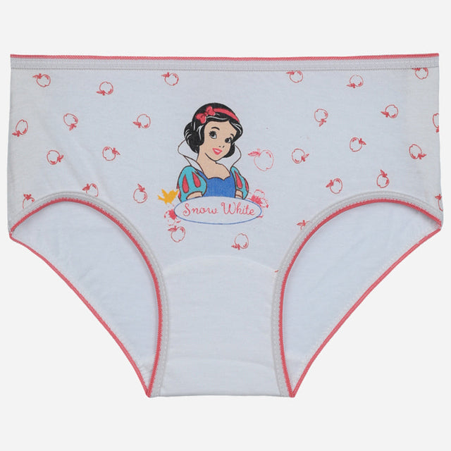 Girls' white underwear with Snow White print, red apple pattern, and pink trim.