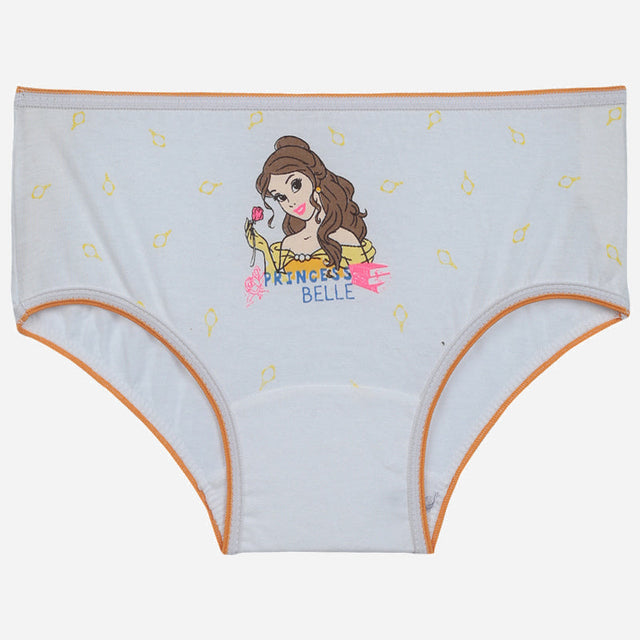 Girls light blue underwear with Princess Belle print and orange trim, kids innerwear