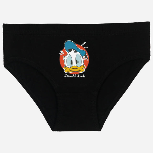 Black kids innerwear brief featuring a Donald Duck cartoon print on the front