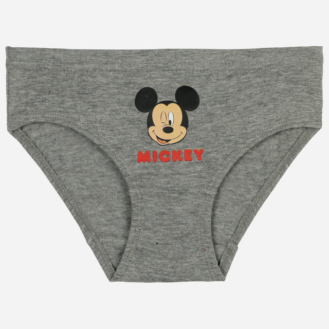Grey kids underwear with cartoon mouse face and 'Mickey' text on front, soft cotton fabric