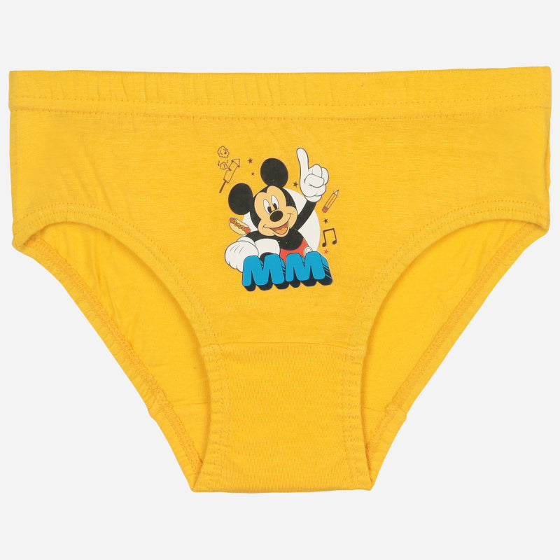 Yellow kids' underwear with cartoon mouse print and blue 'MM' initials on the front