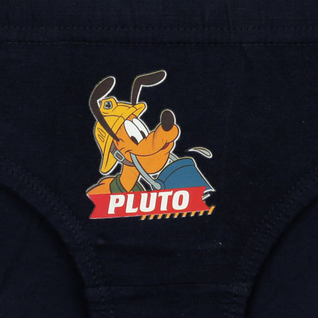 Kids dark blue underwear featuring cartoon Pluto firefighter graphic and text print