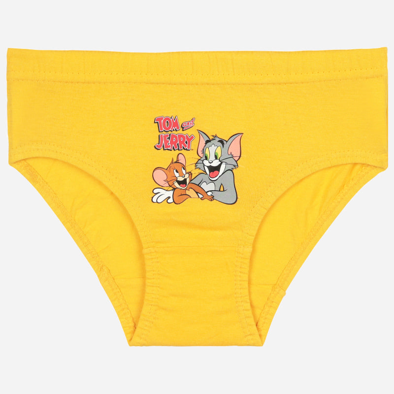 Yellow kids underwear featuring Tom and Jerry cartoon graphic on front, comfortable fit.