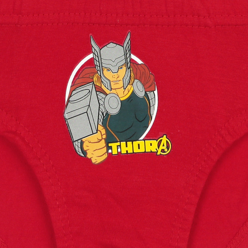 Red kids underwear featuring Thor graphic and Avengers logo on front
