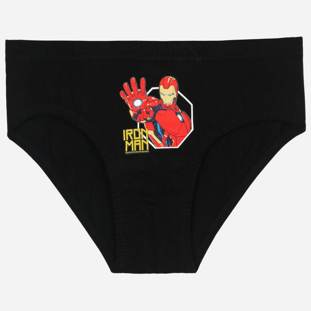 Black kids innerwear brief with Iron Man character graphic on the front, flat lay view