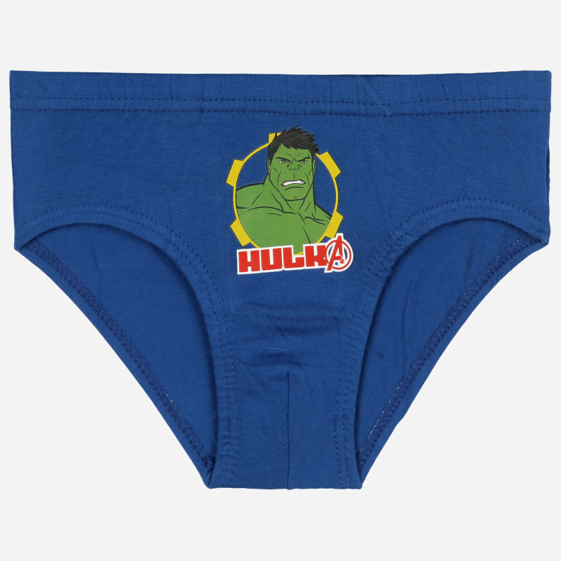 Blue kids briefs featuring Hulk graphic on the front, soft cotton innerwear.