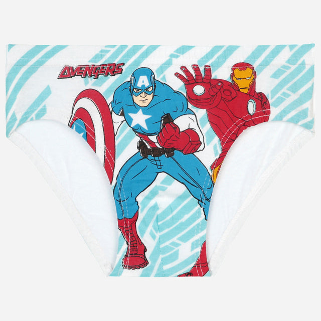 Kids white briefs with Avengers superhero graphic, featuring Captain America and Iron Man