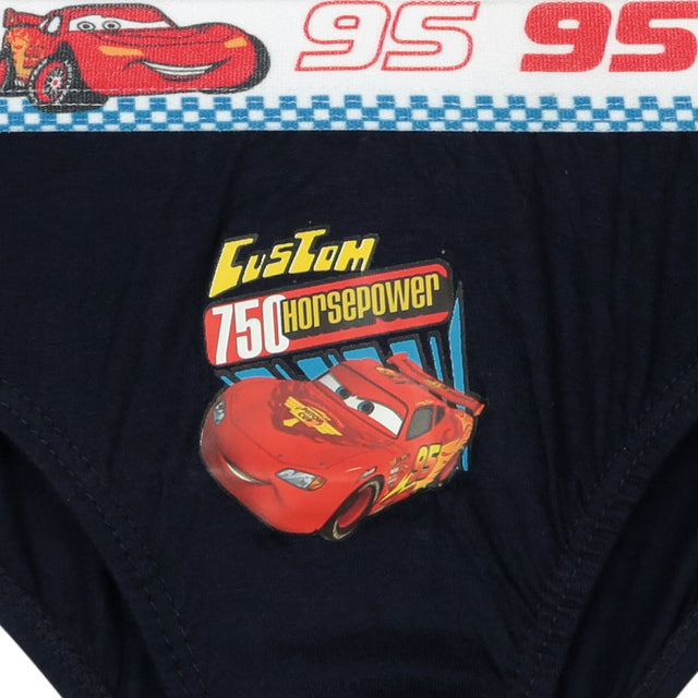 Navy blue boys cotton briefs with red race car cartoon print and checkered waistband