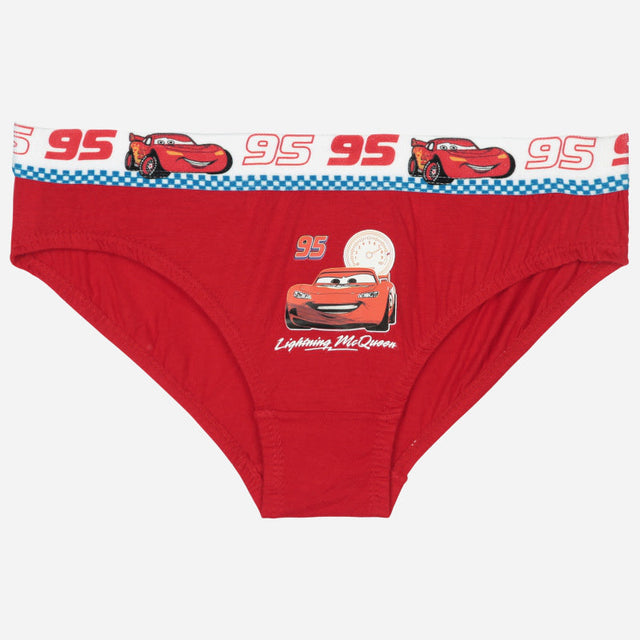 Red kids innerwear brief with race car graphic and checkered waistband, comfortable fit