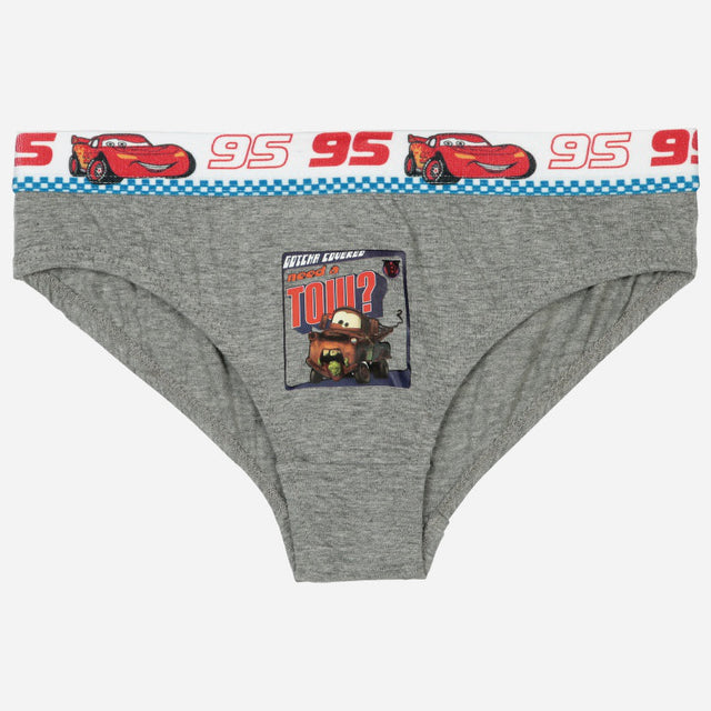 Grey kids’ briefs with Cars cartoon character prints and white waistband featuring red number 95.
