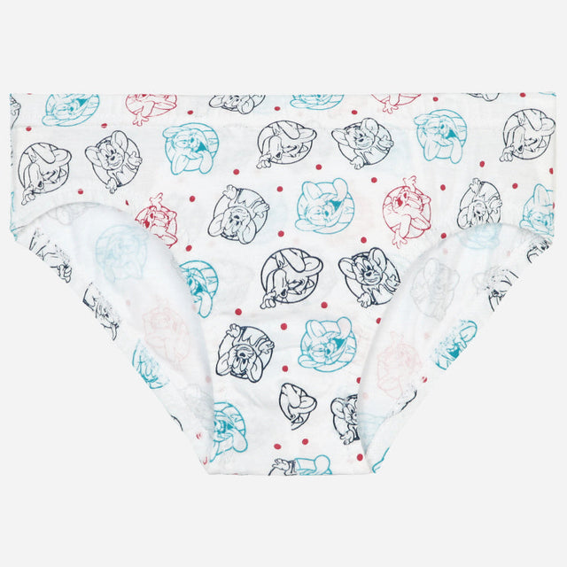 Kids cotton underwear with cartoon animal print and red polka dots on white background