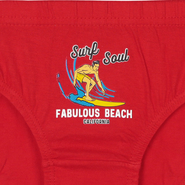 Red kids underwear with surfer graphic and Surf Soul Fabulous Beach California text