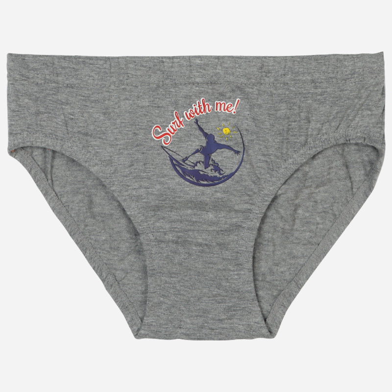 Grey kids innerwear brief with 'Surf with me!' and surfer graphic print on front